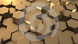Abstract hexagon geometry background, gold hexagonal pattern randomly waving, animation 3D rendering