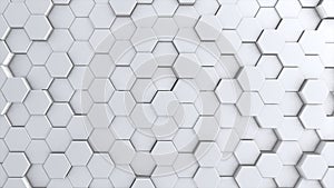 Abstract hexagon geometry background, white hexagonal pattern randomly waving, animation 3D rendering