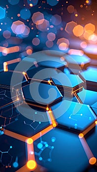 Abstract Hexagon Grid Connection Network with Glowing Nodes and Orange Bokeh Background