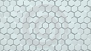 Abstract hexagonal background. A large number of white hexagons. 3d wall texture, hexagonal blocks clusters. Cellular panel.