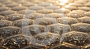 Abstract Hexagonal Grid Pattern Background with Golden Lights and Reflections
