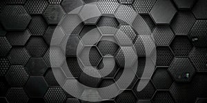 Abstract hexagonal grid pattern background texture featuring dark gray and black tones. Generative AI