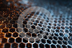 Abstract Hexagonal Pattern with Blue and Orange Light Particles.