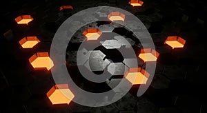 Abstract hexagonal pattern with glowing orange lights futuristic digital art background
