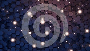 Abstract Hexagonal Pattern with Glowing Spheres - Dark Blue and Pink Gradient Background