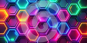 Abstract hexagonal pattern with vibrant neon glowing lines. Generative AI