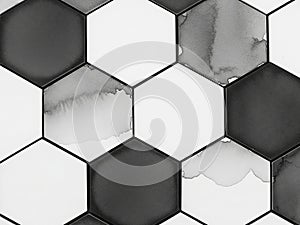 Abstract hexagonal pattern with watercolor textures in black and white