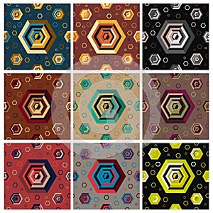 Abstract hexagonal seamless pattern with colour combinations.