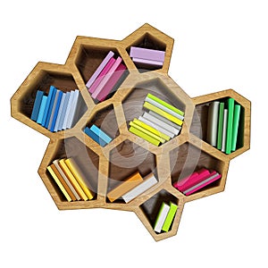 Abstract hexagonal shelf full of multicolored books, isolated on white background