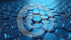 Abstract hexagonal structure in blue. Tech, data, network, digital concept. Honeycomb geometric pattern. Modern tech background,