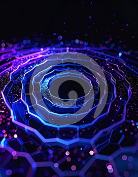 Abstract Hexagonal Structure Glowing With Blue And Purple Light Particles In The Dark