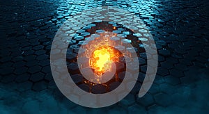 Abstract hexagonal surface erupting with molten energy