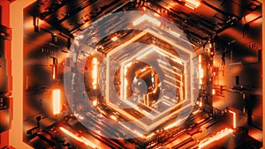 Abstract hexagonal tunnel motion background. A mirror polyhedron followed by vivid orange neon lights is flying along a