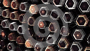 Abstract hexagons blinking randomly on black background. Animation. Field of 3D same size geometric figures of brown