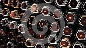 Abstract hexagons blinking randomly on black background. Animation. Field of 3D same size geometric figures of brown