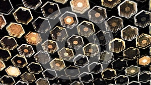 Abstract hexagons blinking randomly on black background. Animation. Field of 3D same size geometric figures of brown