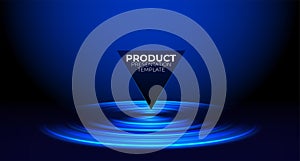 Abstract hi-tech background for display product with neon glowing ring on floor. Round pedestal podium on black