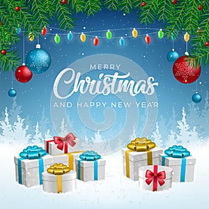 Abstract High Quality Merry Christmas and Happy New Year Background with Falling Snow and Gifts . Isolated Vector Elements