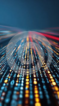 Abstract high speed digital data stream background with glowing binary code and fiber optic light trails representing big data
