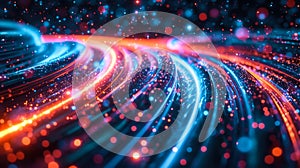 Abstract high-speed technology concept with flowing digital data and light trails on dark background, representing