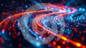 Abstract high-speed technology concept with flowing digital data and light trails on dark background, representing