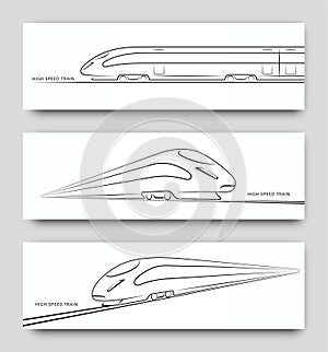 Abstract high speed train in motion. Set of modern train silhouettes, outlines, contours isolated on white background.