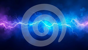 Abstract high-tech background: dark blue gradient with intense electrical discharges shimmering in blue, purple, and white light photo