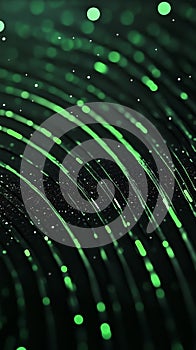 Abstract high-tech background featuring flowing green lines and glowing particles. Code on a data network