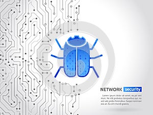 Abstract high tech circuit board with hacker bug. Hacking and cyber crime. Personal data security concept.