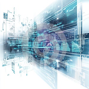 Abstract High-Tech Digital Landscape with Data Visualization and Futuristic City Elements