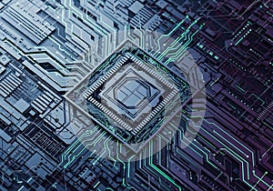 Futuristic Circuit Board with Glowing Green Lines and Central Processor