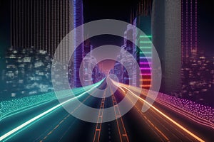 Abstract highway path through digital smart city graphic design