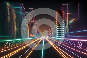 Abstract highway path through digital smart city graphic design