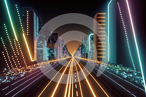 Abstract highway path through digital smart city graphic design