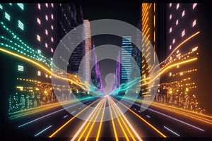 Abstract highway path through digital smart city graphic design