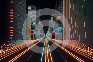 Abstract highway path through digital smart city graphic design