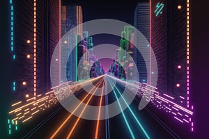 Abstract highway path through digital smart city graphic design