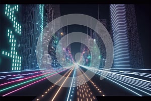 Abstract highway path through digital smart city graphic design