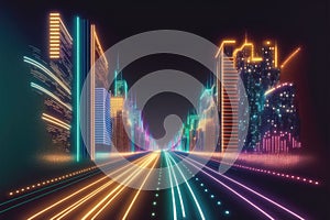 Abstract highway path through digital smart city graphic design