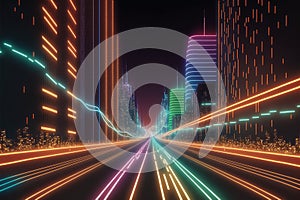 Abstract highway path through digital smart city graphic design