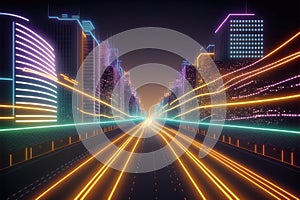 Abstract highway path through digital smart city graphic design