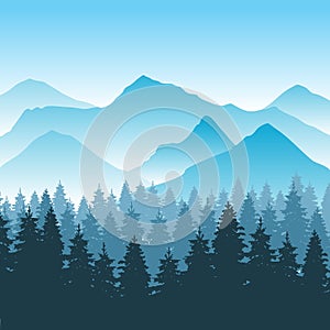 Abstract hiking adventure vector background with mountain and forest