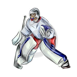 Abstract hockey goalkeeper from splash of watercolors, colored drawing, realistic. Winter sport