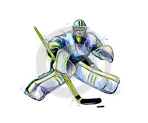 Abstract hockey goalkeeper from splash of watercolors. Hand drawn sketch. Winter sport