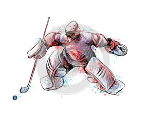 Abstract hockey goalkeeper from splash of watercolors. Hand drawn sketch. Winter sport