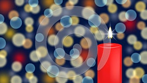 Abstract Holiday Background with Red Candle and Colorful Lights Bokeh