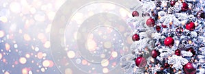 Abstract Holiday Background - Snowy Christmas Tree With Red Baubles