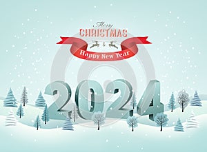 Abstract Holiday Christmas and Happy New Year background with a winter landscape