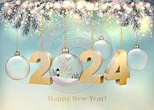 Abstract holiday christmas light background with gold 2024 numbers