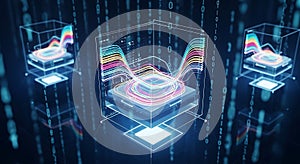 Abstract holographic data visualization with colorful lines and binary code background